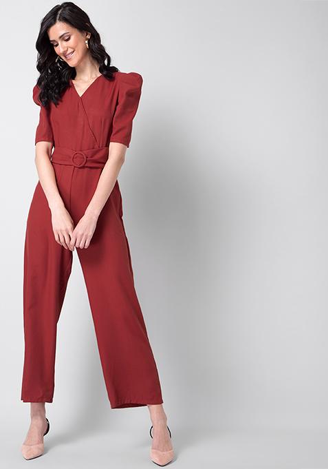 Rust Buckle Belted Wrap Jumpsuit 