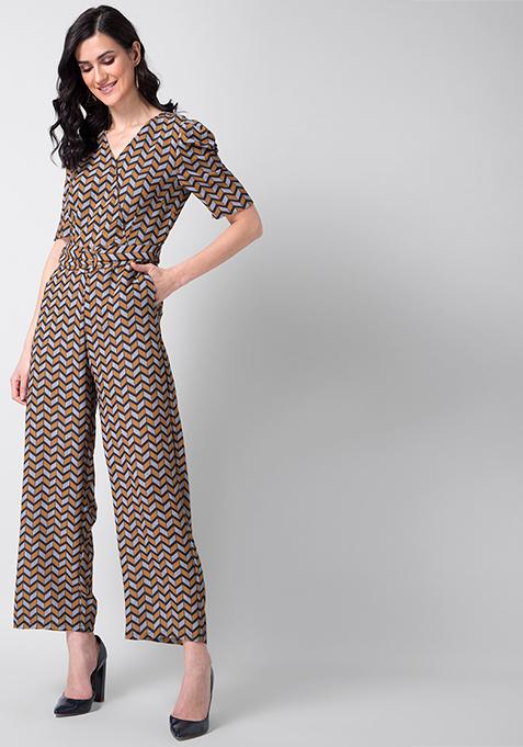 Navy Mustard Geo Buckle Belted Jumpsuit 