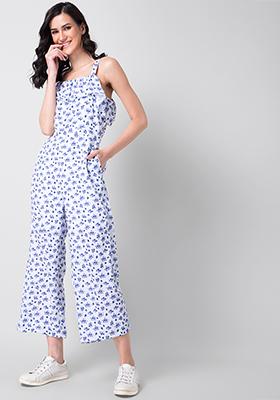 White Blue Floral Ruffled Strappy Jumpsuit 