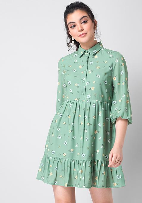 Green Floral Tiered Shirt Dress