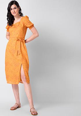 Yellow Polka Ruched Neck Belted Midi Dress 