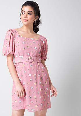 Pink Floral Smocked Belted Dress