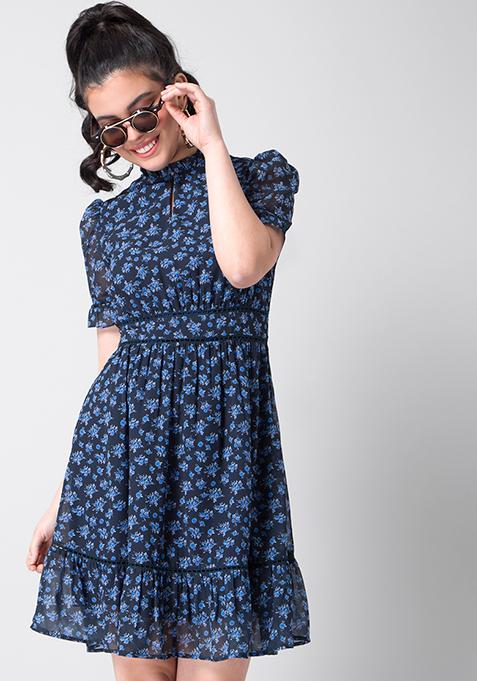 Navy Ditsy Floral Ruffled Skater Dress 