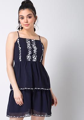 Navy Embroidered Strappy Dress 