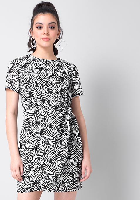 Black White Tropical Tie Up Wrap Dress 