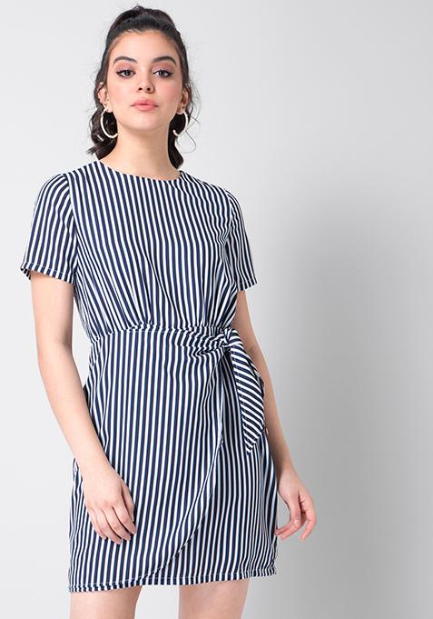 Navy Striped Tie Up Wrap Dress 