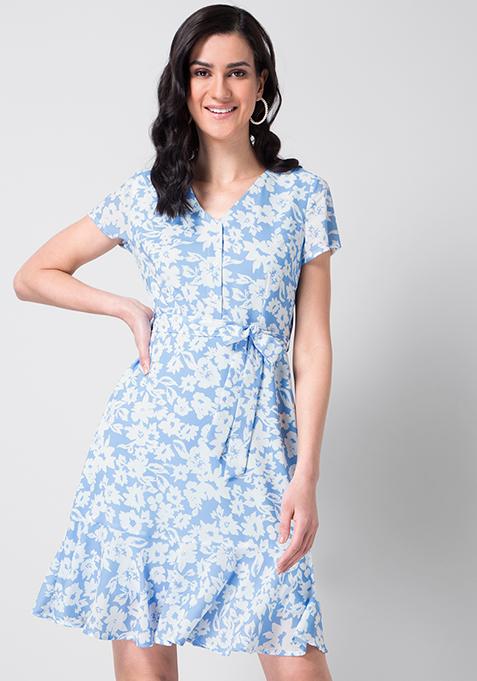 Blue Floral Ruffled Belted Dress 