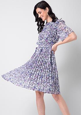 Black Lilac Floral Pleated Belted Dress