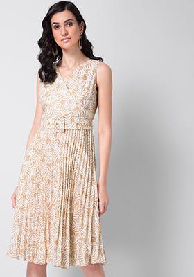 Beige Tropical Pleated Belted Wrap Dress 