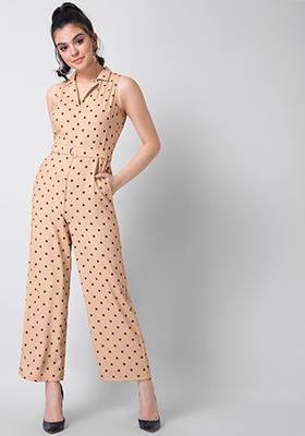 Peach Polka Belted Collared Jumpsuit