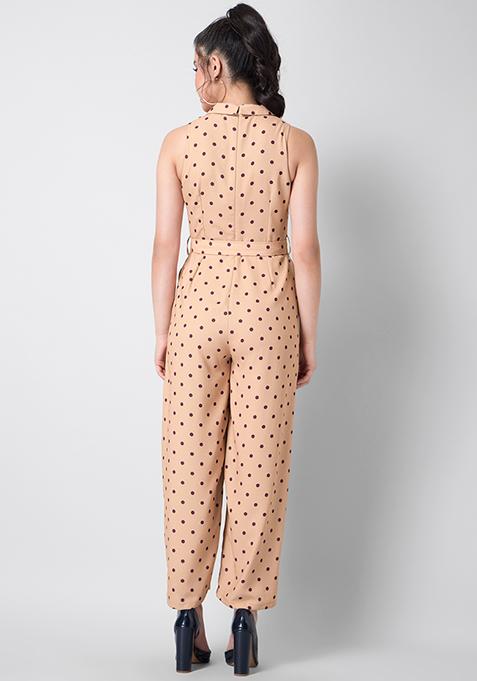 Buy Women Peach Polka Belted Collared Jumpsuit Date Night Dress Online India Faballey 