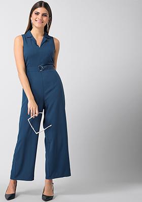 Slate Blue Belted Collared Jumpsuit 