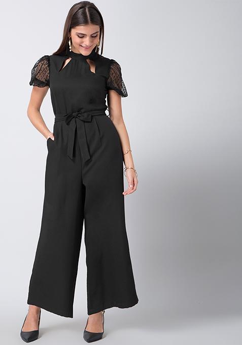 Buy Women Black Mesh Puff Sleeve Jumpsuit - Trends Online India - FabAlley