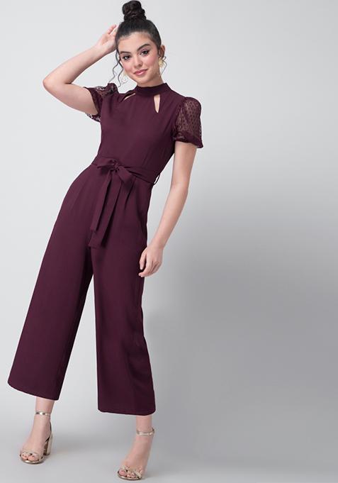 Maroon Mesh Puff Sleeve Jumpsuit