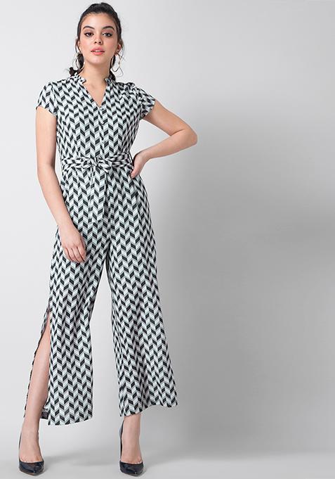 Grey Chevron Side Slit Belted Jumpsuit 