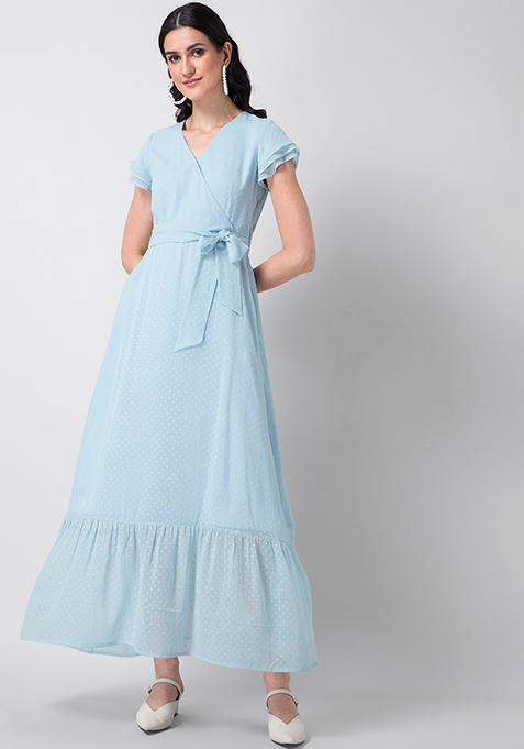 Powder Blue Belted Wrap Maxi Dress 