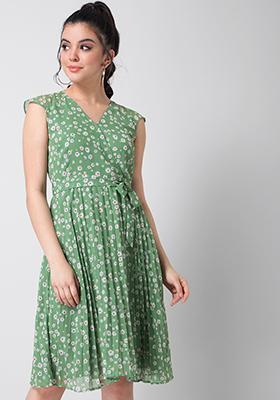Green Floral Pleated Wrap Belted Dress  