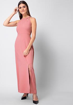 Dusty Pink Cut Out Halter Maxi Dress 