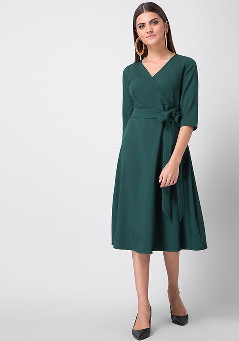 Buy Women Bottle Green Belted Wrap Midi Dress - Honeymoon Dress Online ...