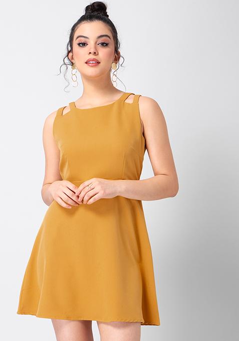 Buy FRILLY YELLOW LACE-TRIM SKATER MIDI DRESS for Women Online in India