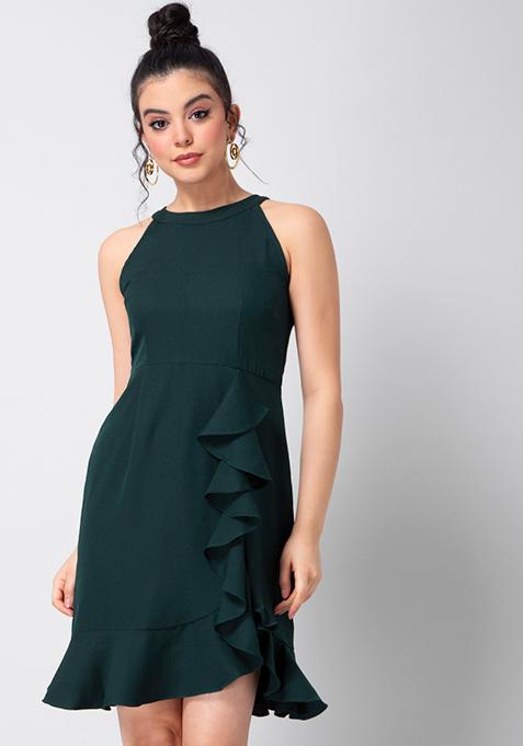 Teal Ruffled Halter Dress 