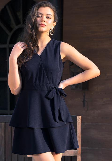 Navy Ruffled Tie Up Skater Dress