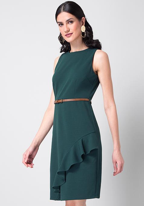 Buy Women Green Ruffled Bodycon Dress With Tan Belt - Date Night Dress ...