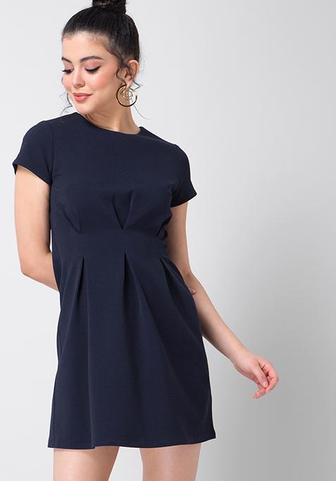 Navy Pleated Skater Dress