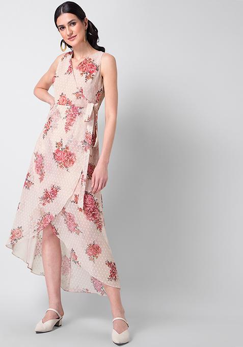 Peach Floral Wrap Maxi Dress