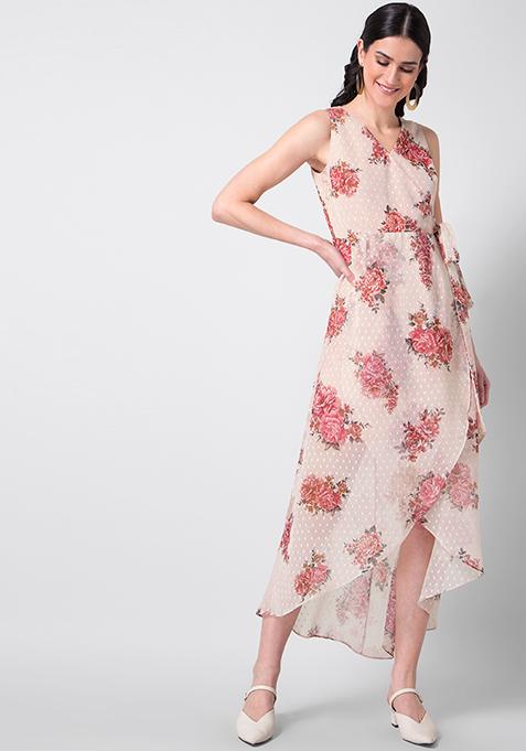 Buy Women Peach Floral Wrap Maxi Dress - Date Night Dress Online India ...