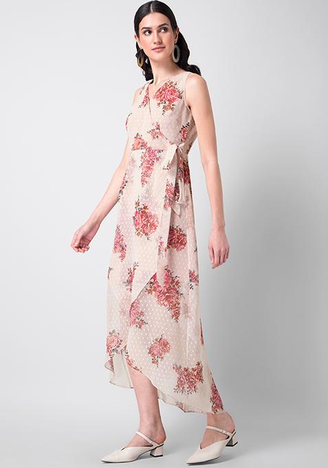 Buy Women Peach Floral Wrap Maxi Dress - Date Night Dress Online India ...