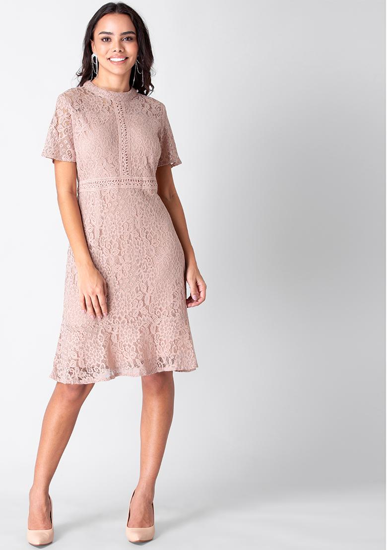 Lace Embroidered Long Sleeve Midi Dress Pink