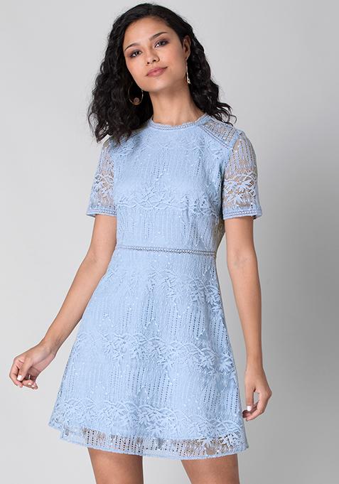 Powder Blue Trim Detail Lace Skater Dress