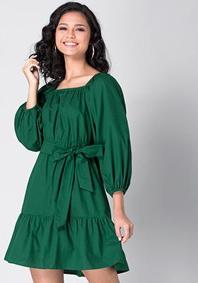 Green Puff Sleeve Smocked Belted Dress