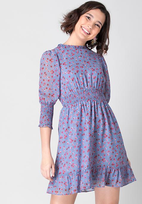 Blue Pink Floral Puff Sleeve Skater Dress 