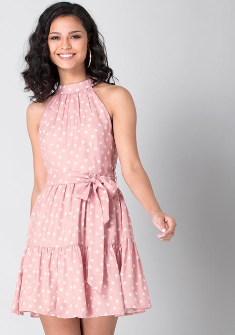 Blush Polka Belted Halter Dress