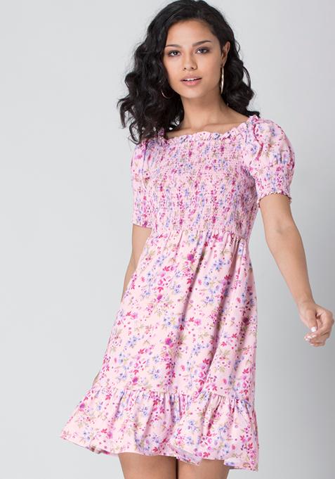 Pink Floral Off Shoulder Smocked Dress