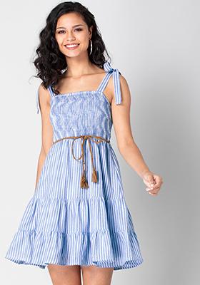Blue Smocked Strappy Tiered Dress with Tan Braided Belt