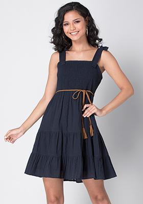 Navy Strappy Tiered Skater Dress with Tan Braided Belt