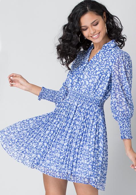 Blue White Floral Pleated Smocked Waist Dress