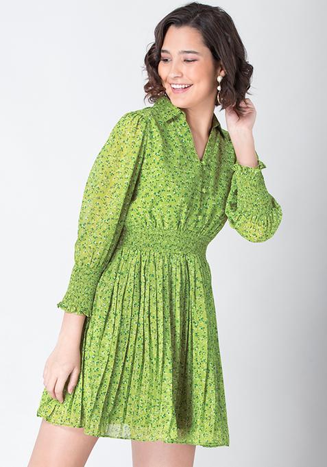 Green Floral Pleated Smocked Skater Dress