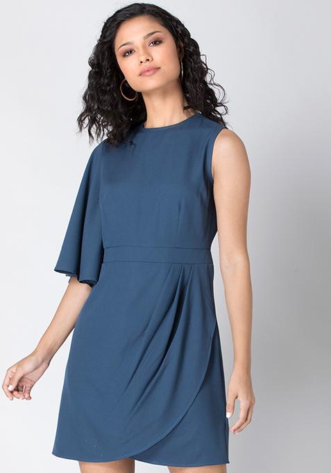 Slate Blue One Sleeve Pleated Bodycon Dress