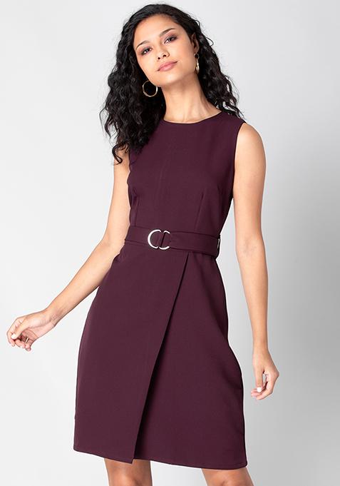 Wine Sleeveless Belted Wrap Dress 