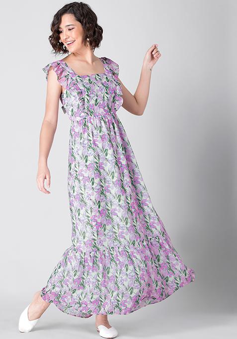 Lilac Floral Frilled Maxi Dress