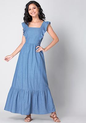 Blue Chambray Frilled Maxi Dress