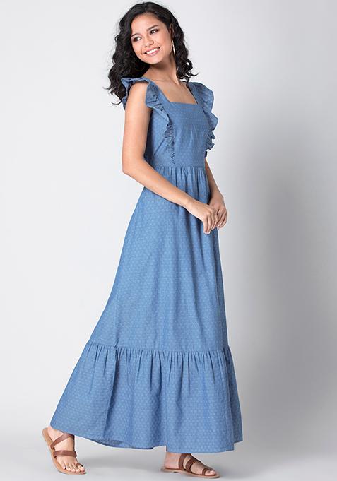 Buy Women Blue Chambray Frilled Maxi Dress - Honeymoon Dress Online ...