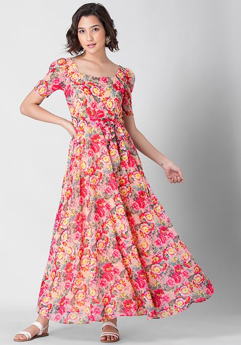 Buy Women Multicolored Floral Belted Maxi Dress - Beach Wear Online ...