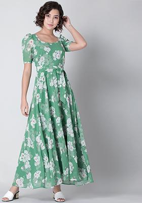 Green Beige Floral Belted Maxi Dress
