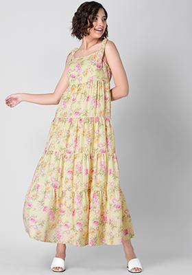 Yellow Pink Floral Tie Up Maxi Dress