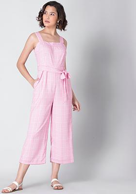 Pink Grid Strappy Belted Jumpsuit 